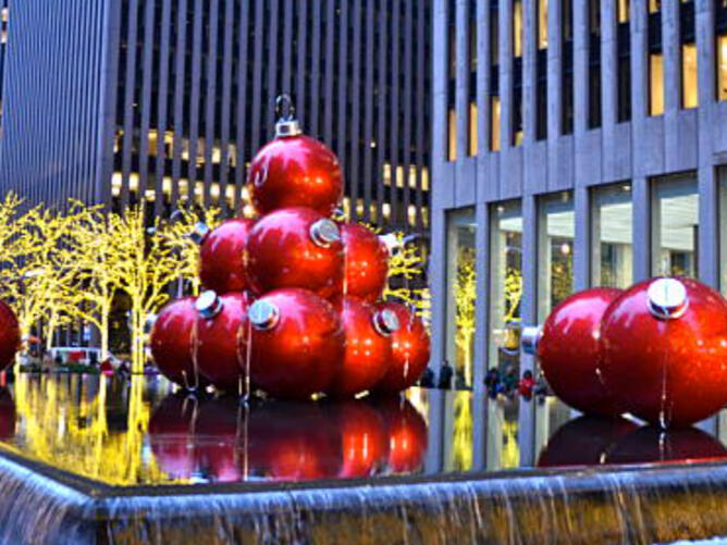 The iconic giant red christmas ornaments in NYC during Christmas in New York